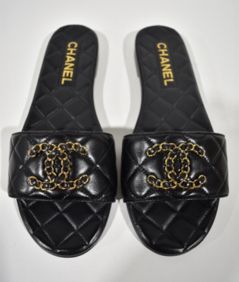 Chanel 23P Black Chain Gold CC Logo Quilted Mules Slide Sandal