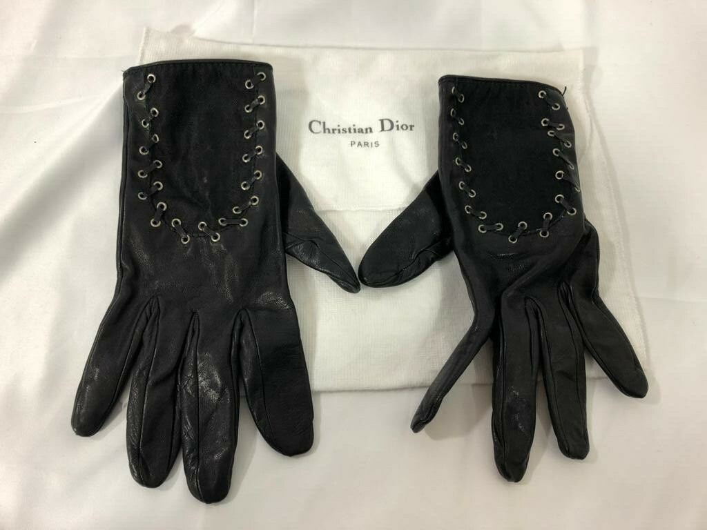 Authentic Christian Dior Womens Gloves Logo Black Leather Cotton