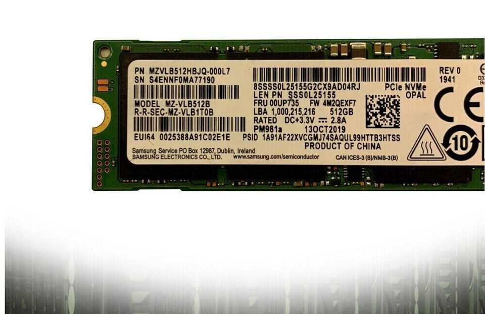 Lenovo Samsung 512GB NVMe M.2 2280 SSD MZ-VLB512 MZ-HPV512 SM961