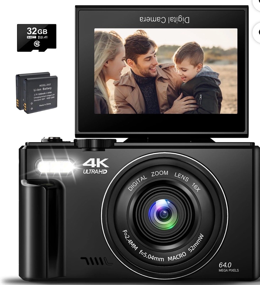 Digital Camera 4K 64MP Vlogging Auto-Focus 18X Zoom with 3