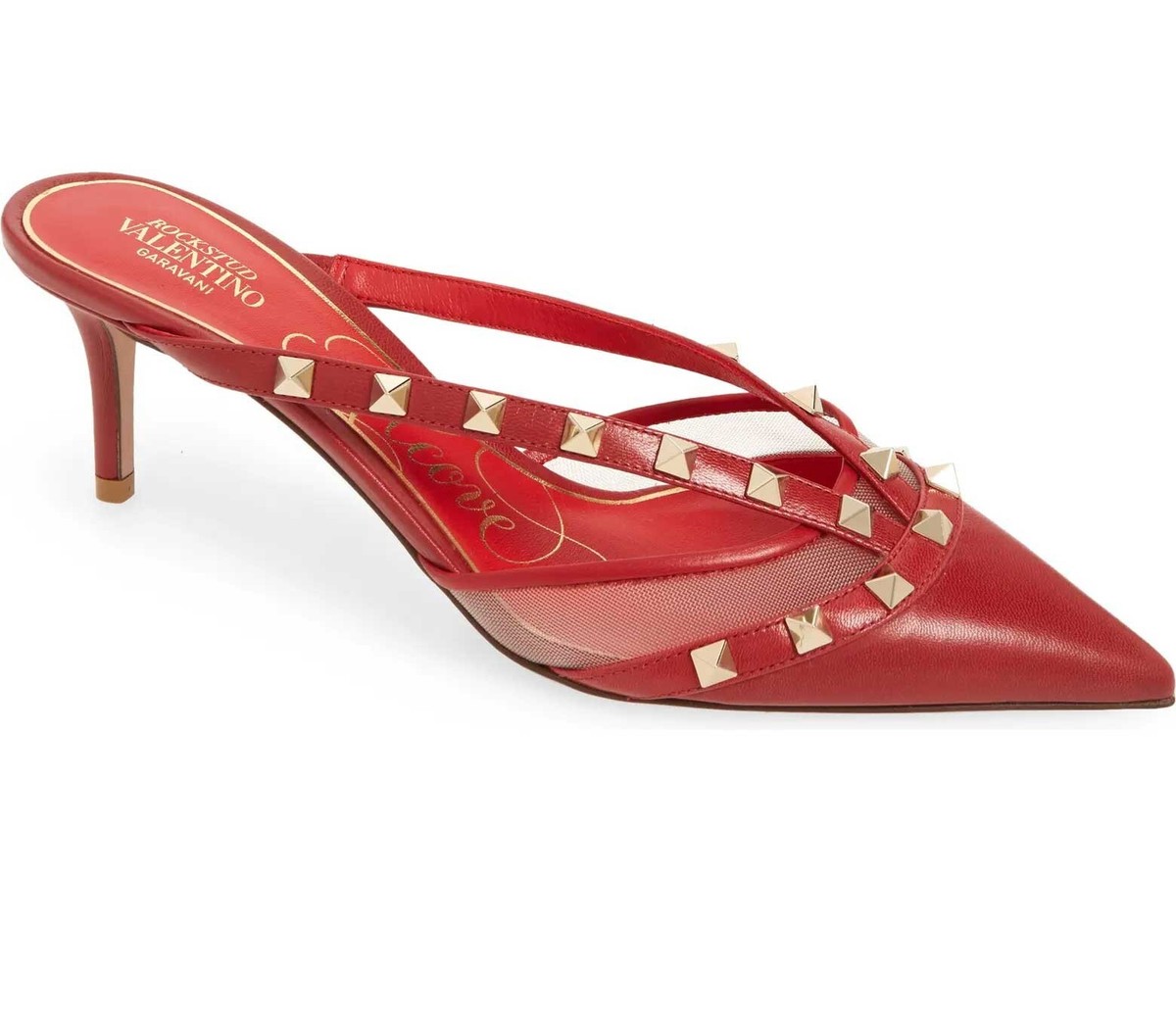 36.5 VALENTINO Sandals Red Leather Mules Rockstud Kitten Heels