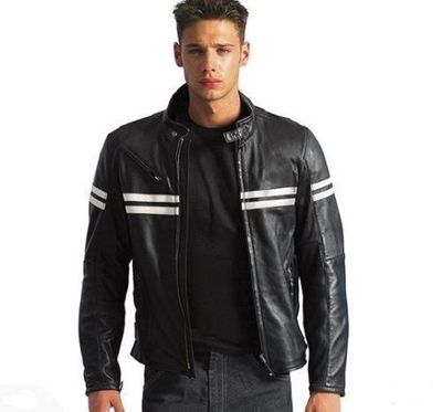 Men's Fight Club Motorcycle Biker Real Leather Jacket with white