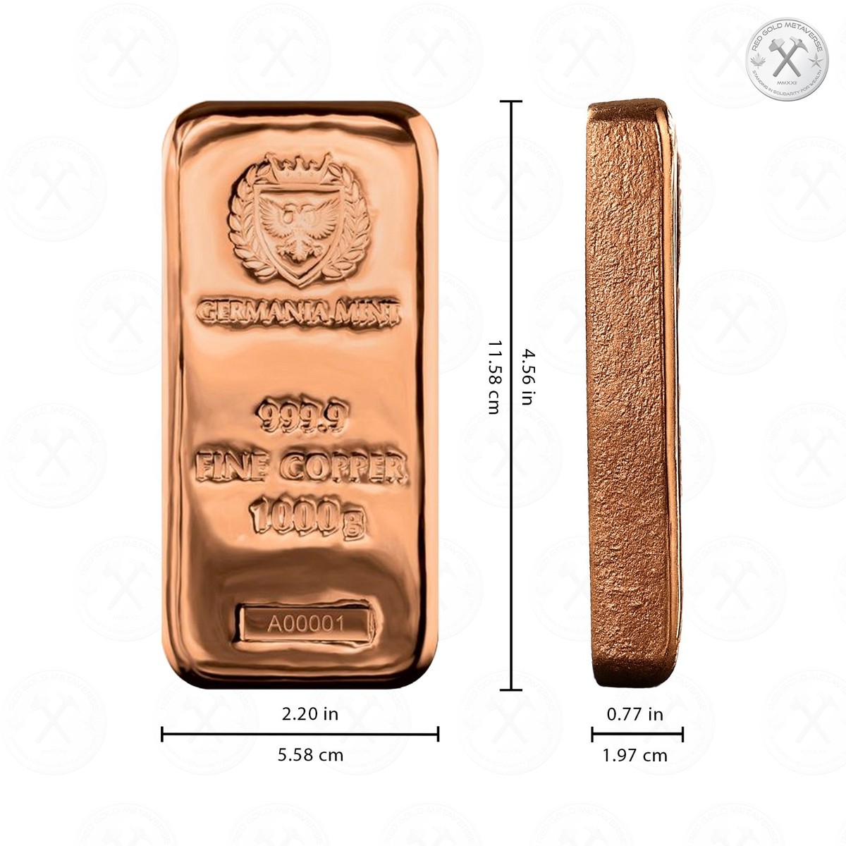 1 kg Copper Germania Bullion Bar - 1000 g pure [Cu] .9999, w/box
