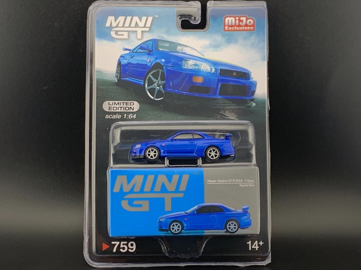 Mini GT Nissan Skyline. GT-R (R34) V-Spec Bayside Blue #759 1/64