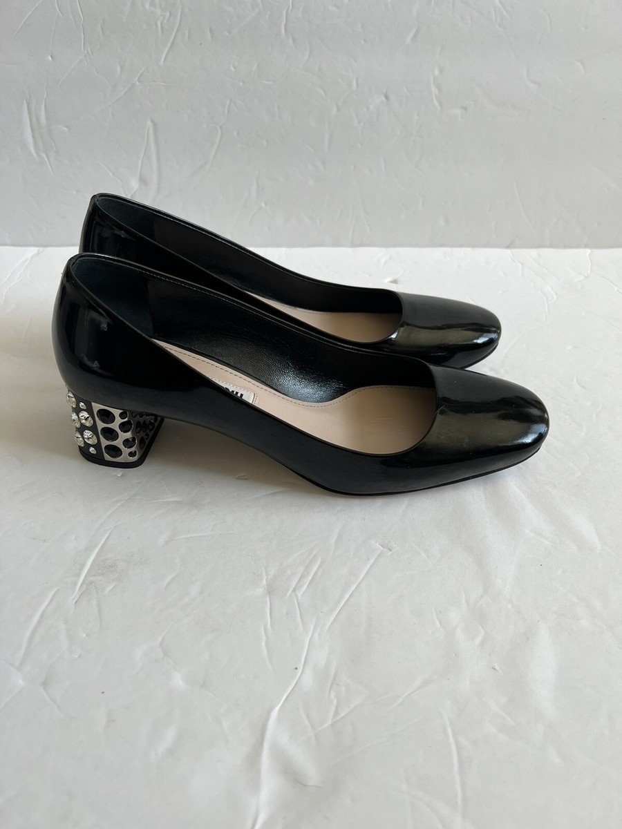 MIU MIU EMBELLISHED JEWELED CRYSTAL HEEL BLACK PATENT LEATHER