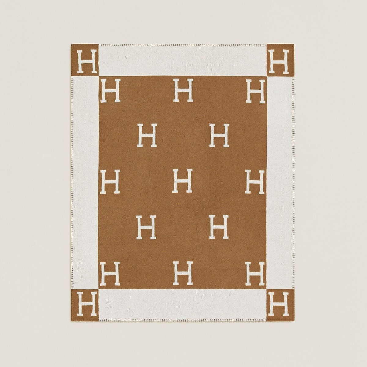 Hermes Avalon Throw H Blanket Merino Wool Cashmere Ecru Camel
