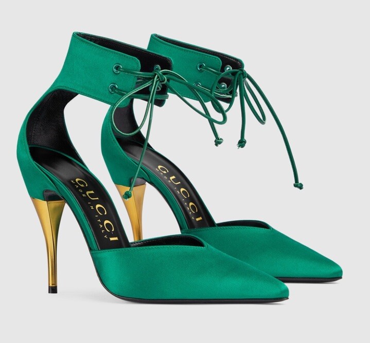 GUCCI Priscilla Emerald Green Satin Strap Gold Stiletto Heel IT 37