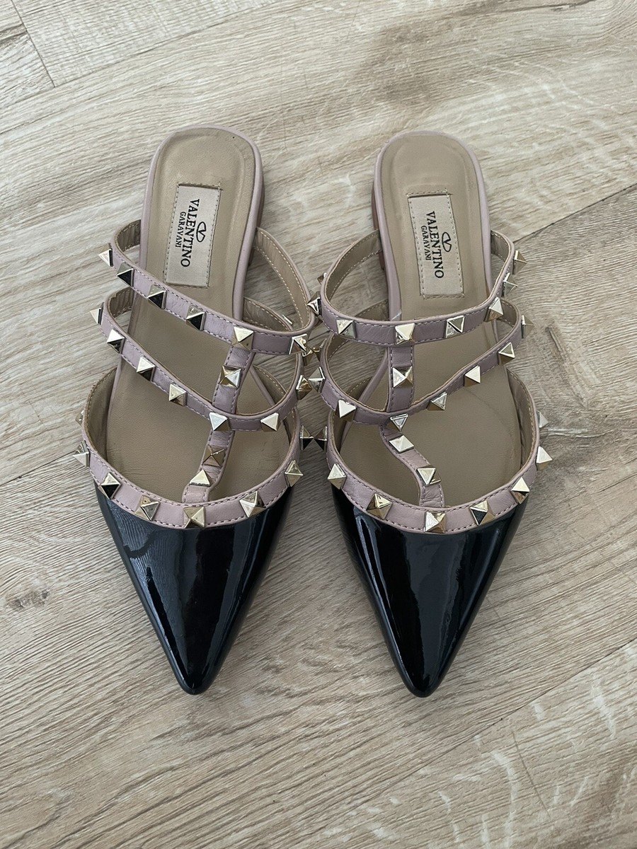Valentino Garavani Rockstud Patent Leather Mule Flats Black Poudre