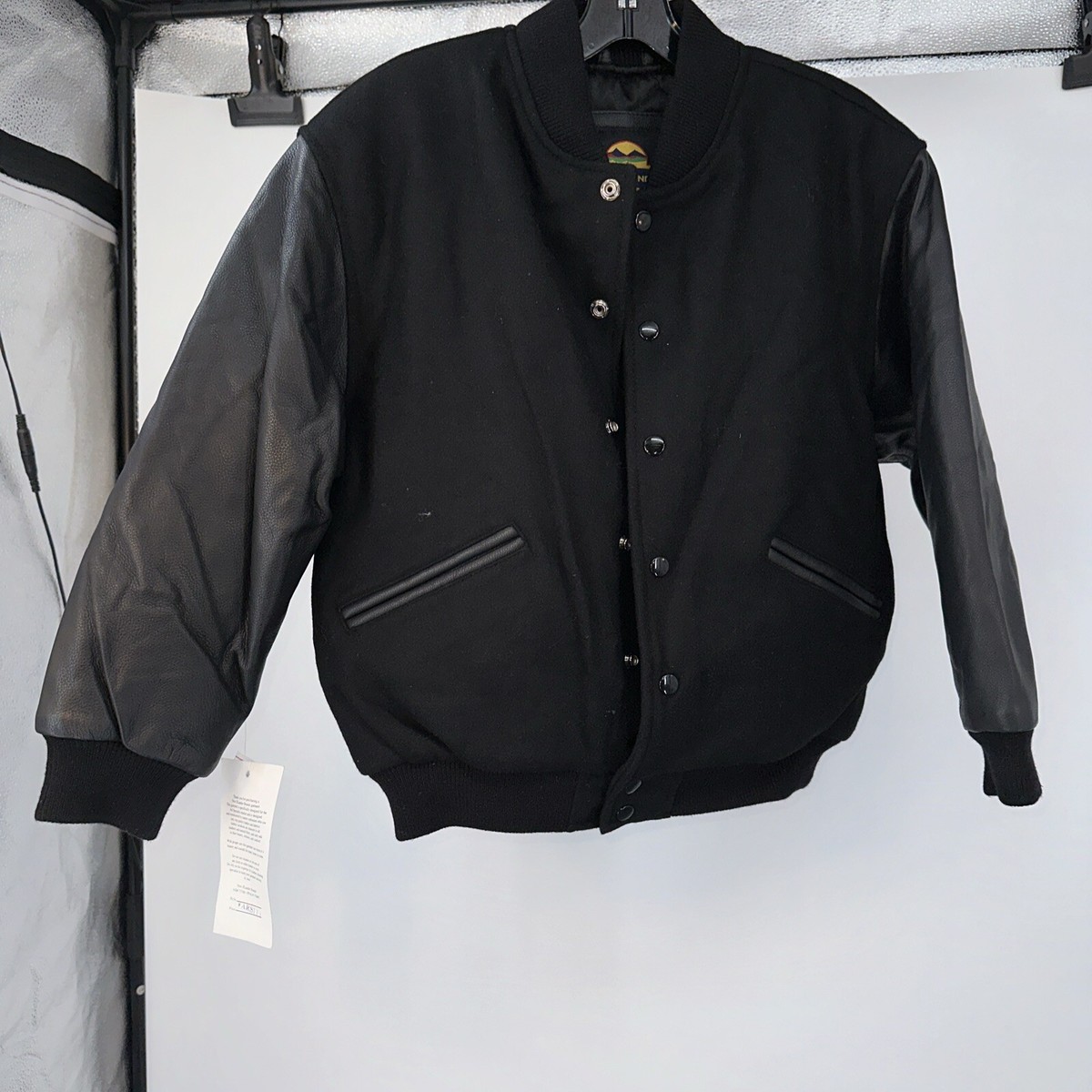 VTG New Zlander Boys Black Leather & Wool Varsity Jacket Size 14