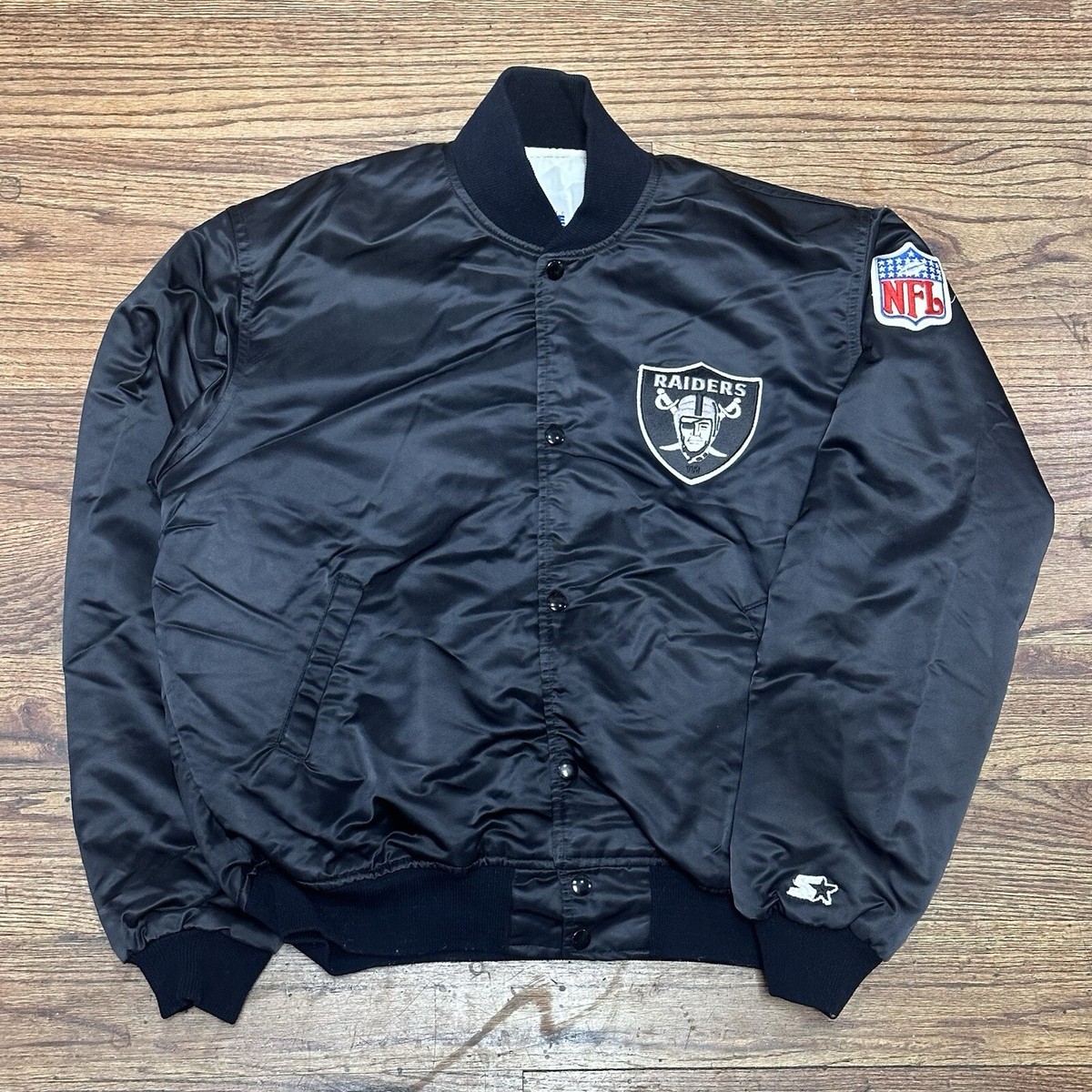 Vintage 1980s Raiders Jacket Large Black Starter Satin NFL Pro
