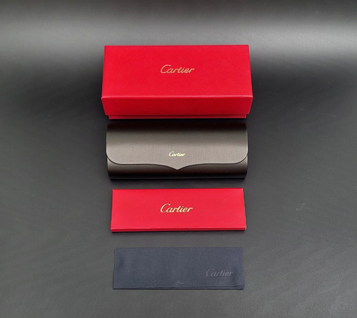 GENUINE CARTIER BLACK EYEGLASSES HARD CASE W/ PAPERS, POUCH