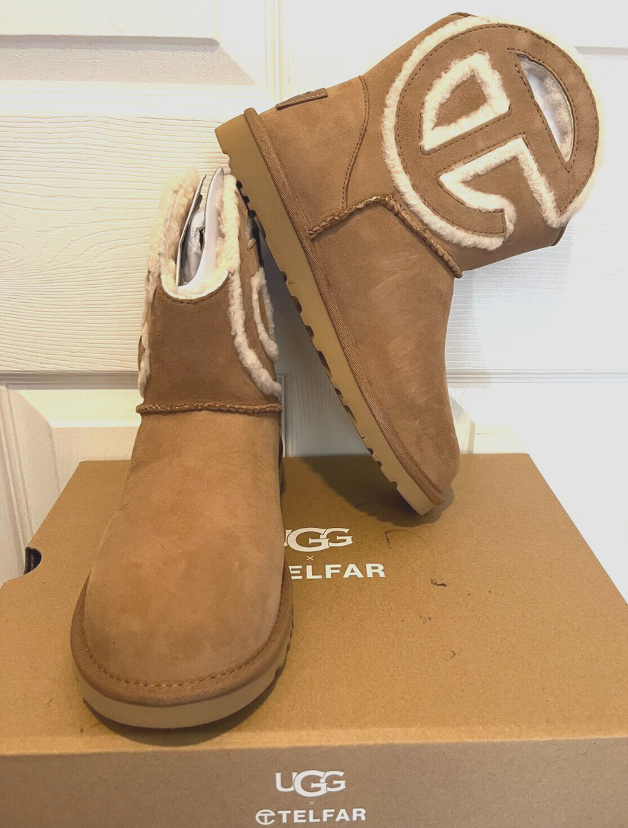 NIB UGG X TELFAR LOGO MINI CHESTNUT SHEEPSKIN BOOTS SIZE US