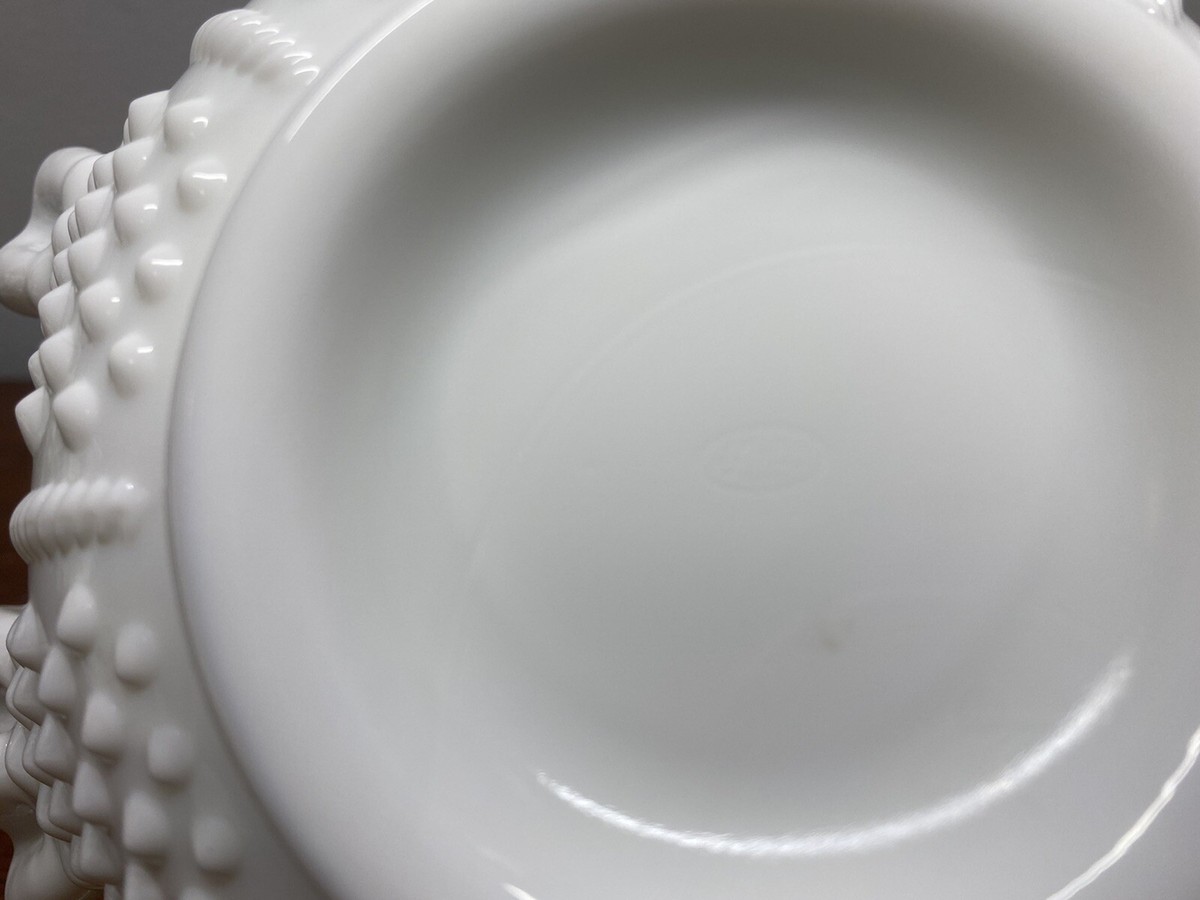 Vintage Fenton White Handled Milk Glass Hobnail Ruffled Edge