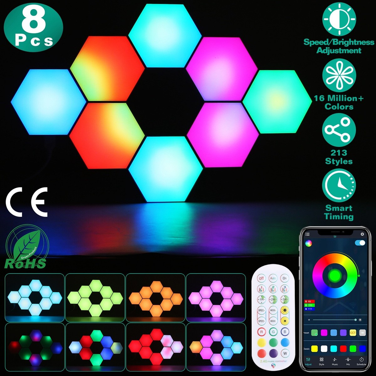 8Pack Hexagon Light Panels Smart RGB LED Lights w/Music Sync App