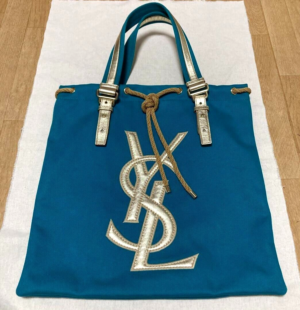 Yves Saint Laurent KAHALA Emerald Green Canvas Leather Tote Bag
