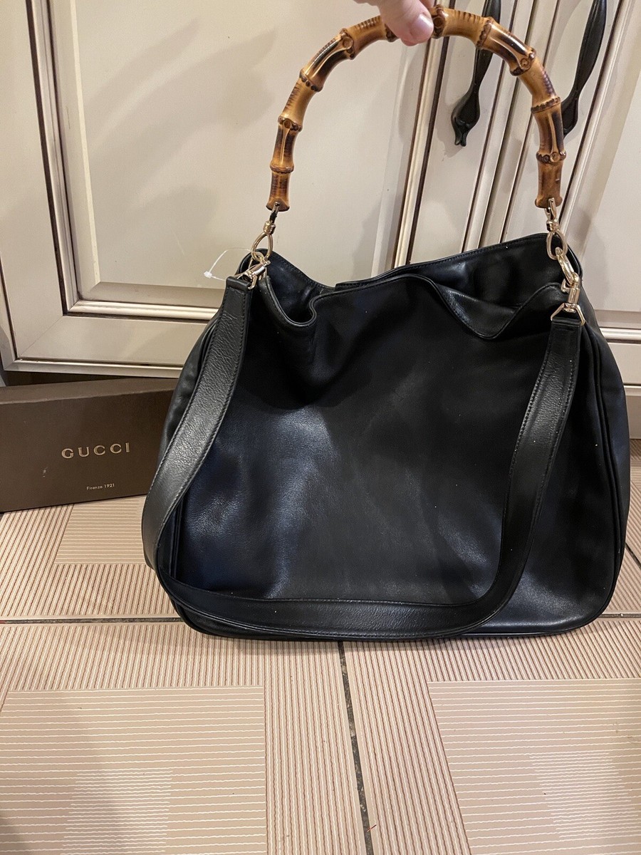 Authentic GUCCI Vintage Black Large Leather Bamboo Satchel Tote