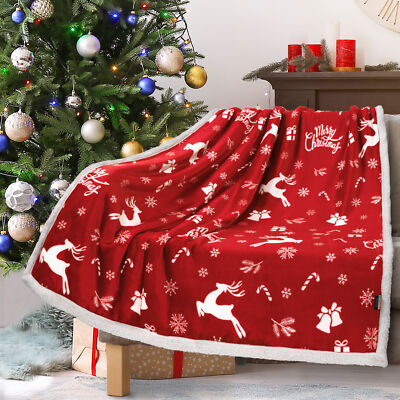 Christmas Blanket Holiday Theme Print Warm Sherpa Fleece Throw