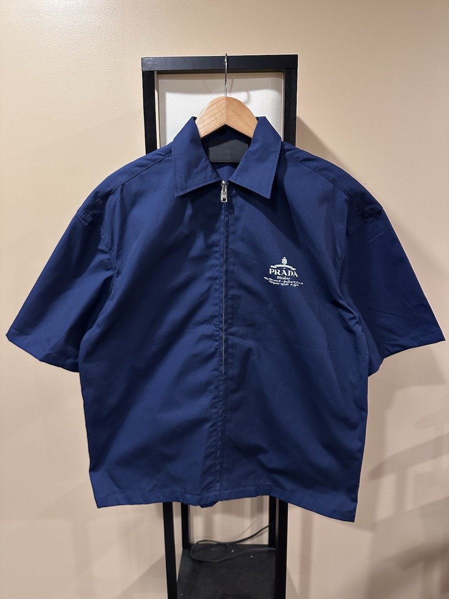 Prada 2025 Poplin Archive Logo Zip Navy Blue Technical Shirt | eBay