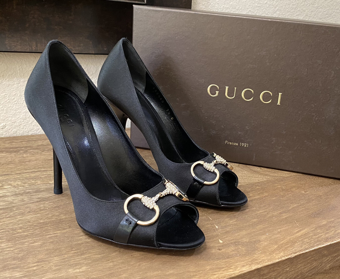 GUCCI BLACK SATIN CRYSTAL EMBELLISHED GOLD HORSE BIT OPEN TOE