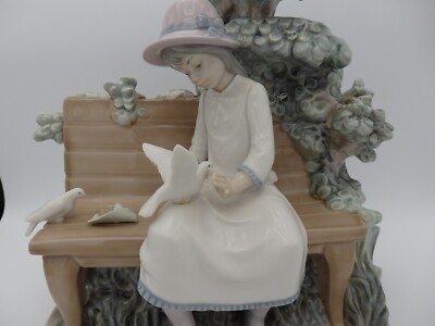 Lladro Nao Porcelain Figurine Girl on Bench Feeding Birds Doves