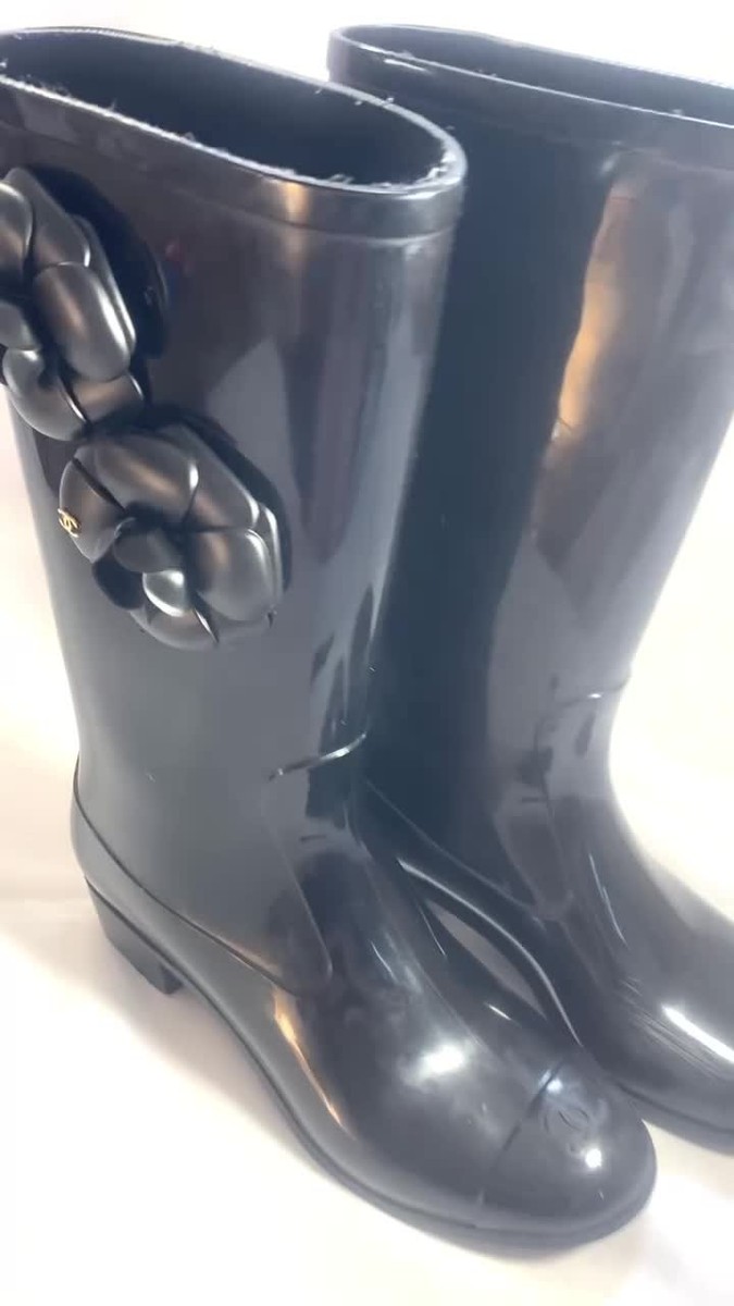 CHANEL Black Rain Boots 36 Rubber Waterproof Shoes 23cm Logo