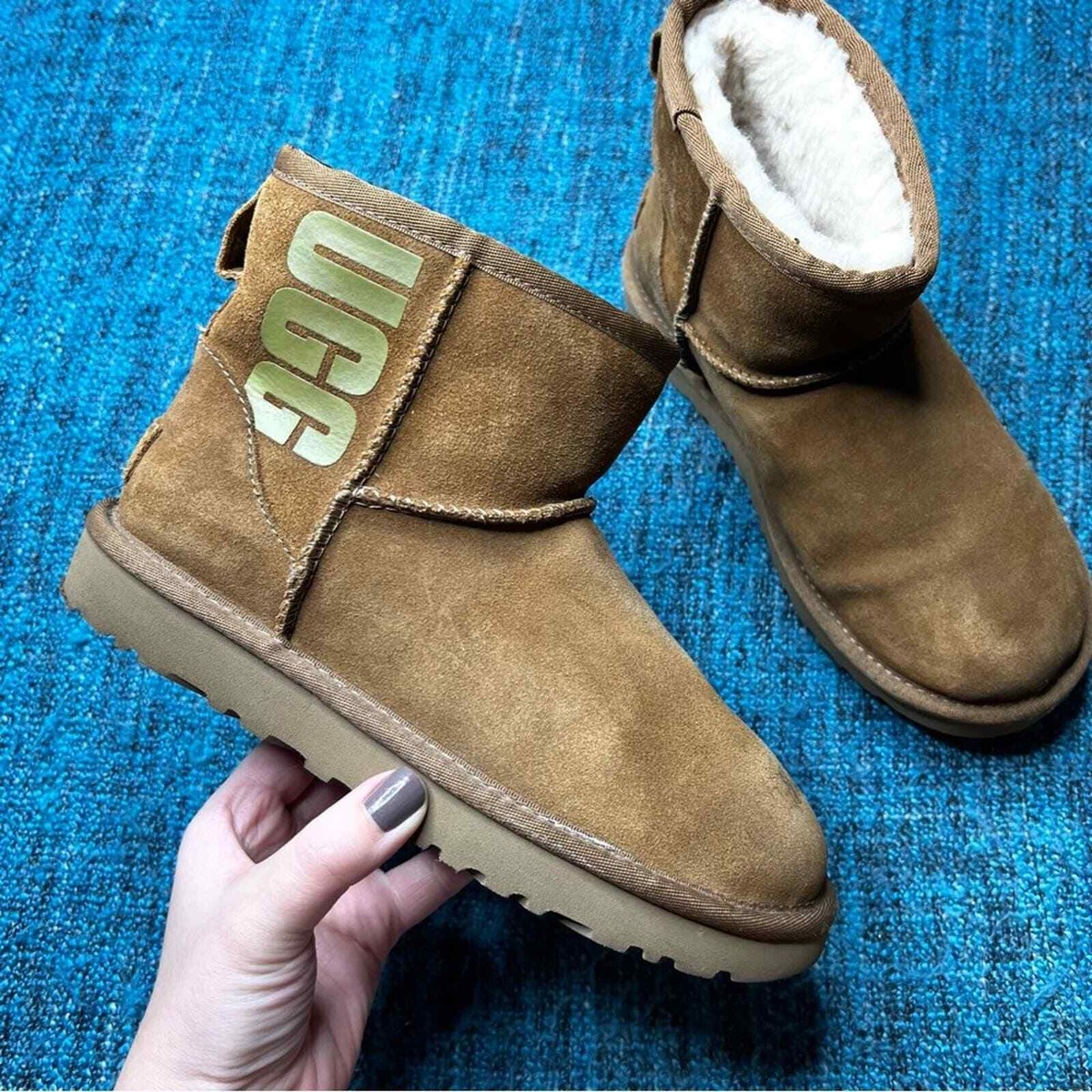 UGG Classic Mini Rubber Logo Fleece Lined Booties in Chestnut