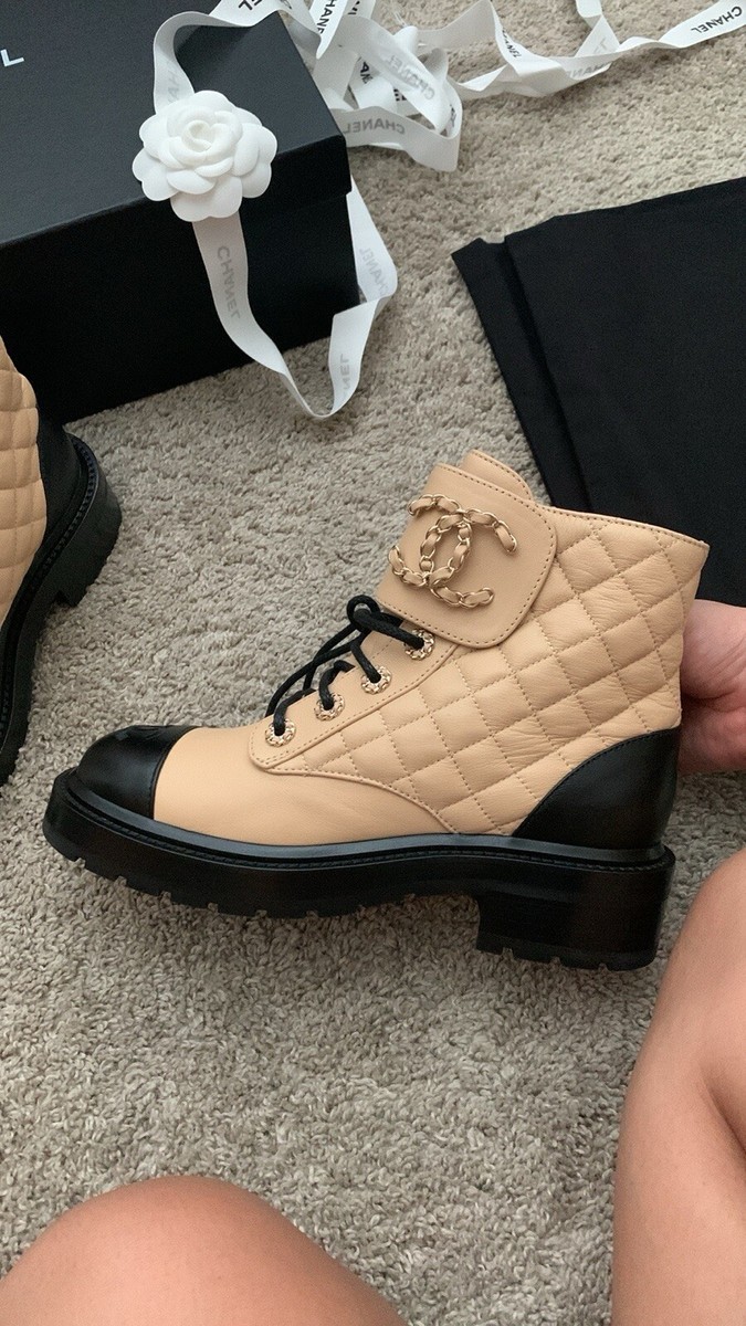 Chanel Lambskin Quilted Lace Up Combat Boots Size 37 | eBay