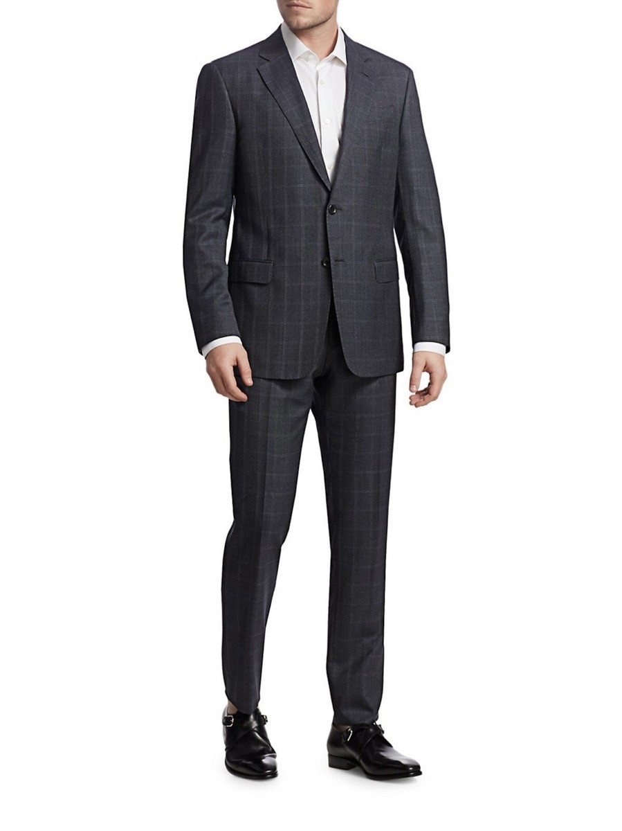 NWT Giorgio Armani Black Label Charcoal Gray/Blue Windowpane Suit