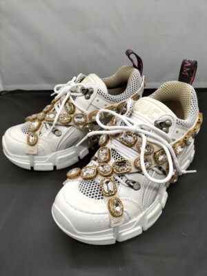 GUCCI GGZ50 Flashtrek Sneakers Women's Shoes White Gold Size EU 36