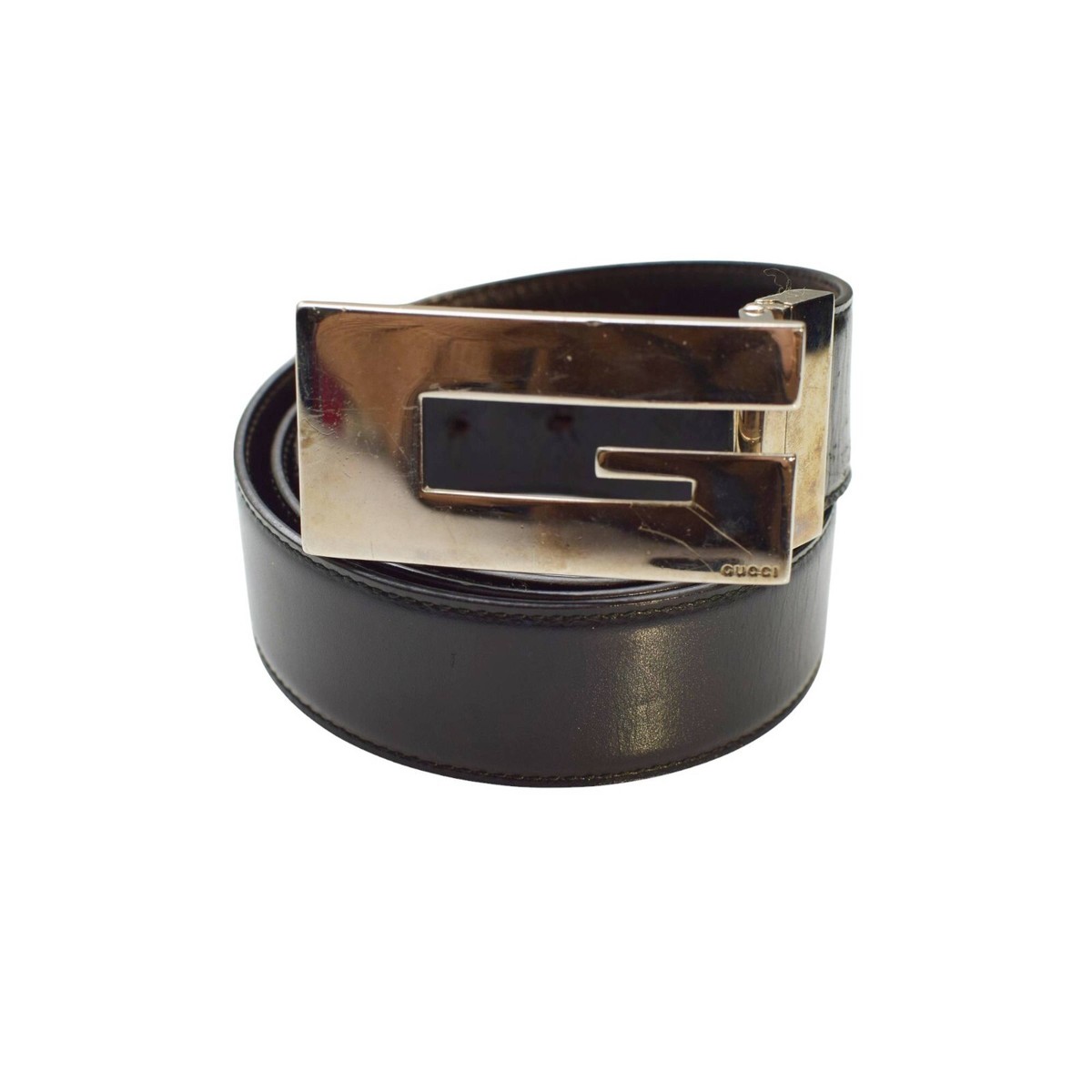 Gucci Black Leather Large G Monogram Silver Tone Buckle Waist Belt