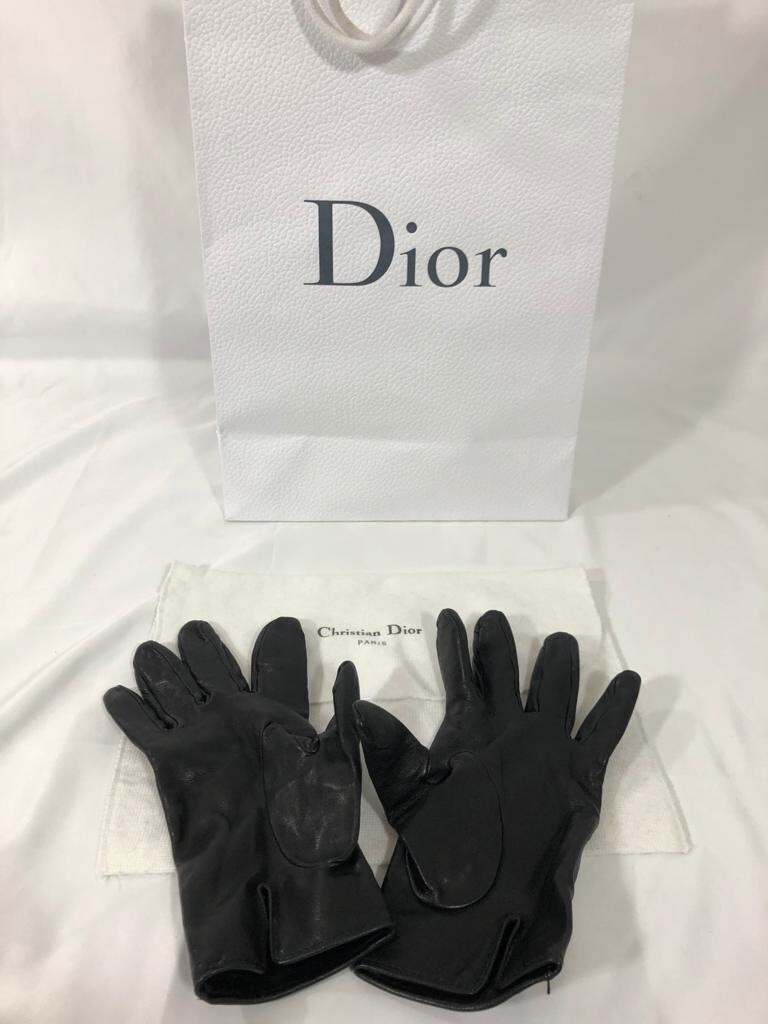 Authentic Christian Dior Womens Gloves Logo Black Leather Cotton