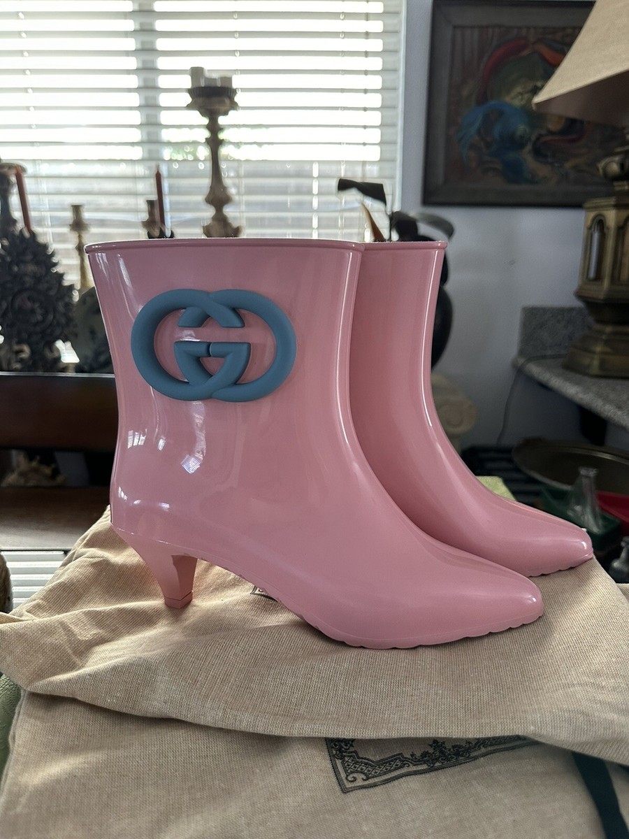 New Authentic Gucci Interlocking GG Logo Rubber Boots Pink Size 38