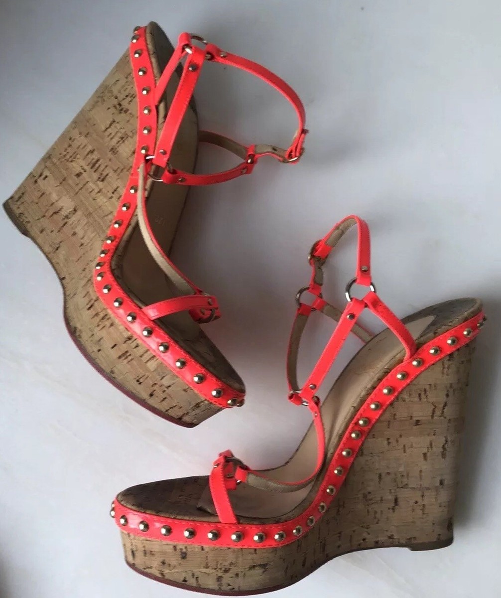 Christian Louboutin cork wedge patent strappy 38.5 Neon Orange | eBay