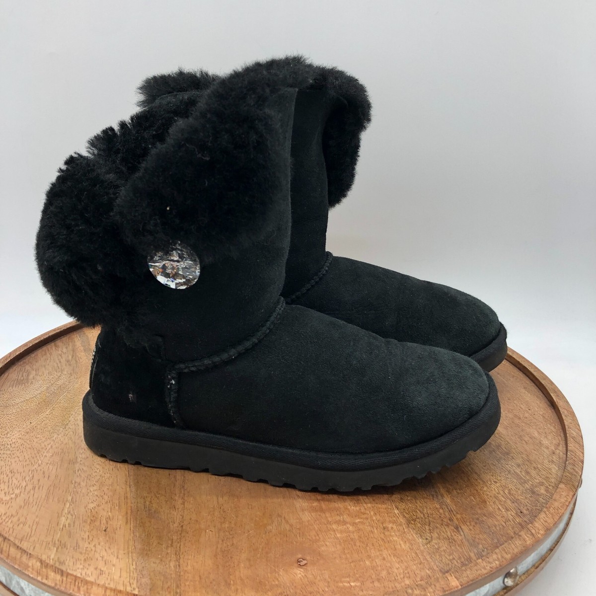 UGG Boots Womens 5 Bailey Button Bling Shearing Black Suede Mid