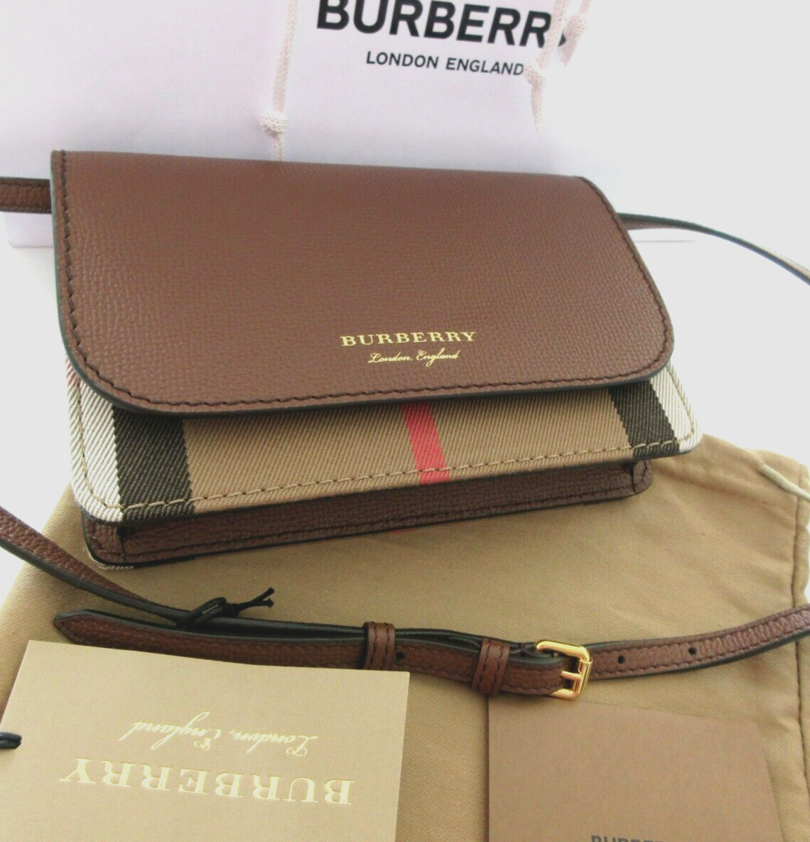Burberry Crossbody Hampshire House Check Derby Tan 80628091 | eBay