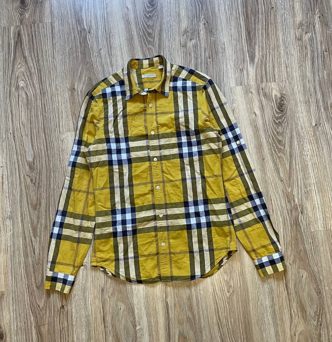 Burberry Brit YELLOW Check Linen / Cotton Button Down Shirt Long