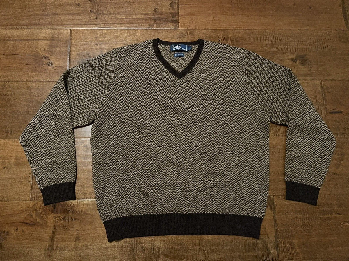 Polo Ralph Lauren Merino Wool Alpaca Brown Herringbone V-Neck