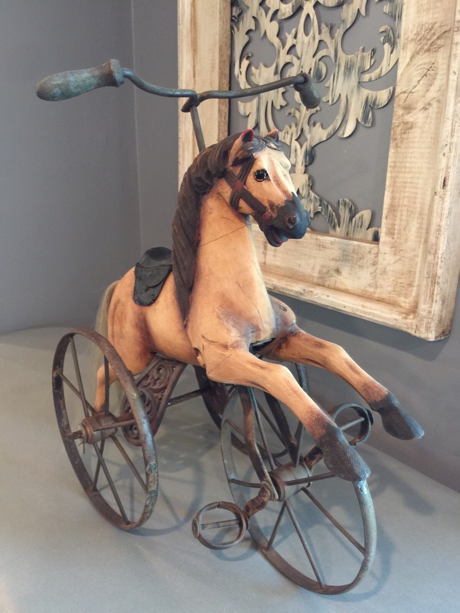 Antique Toy Tricycle Horse Hand carved Wood/iron Decorative | eBay