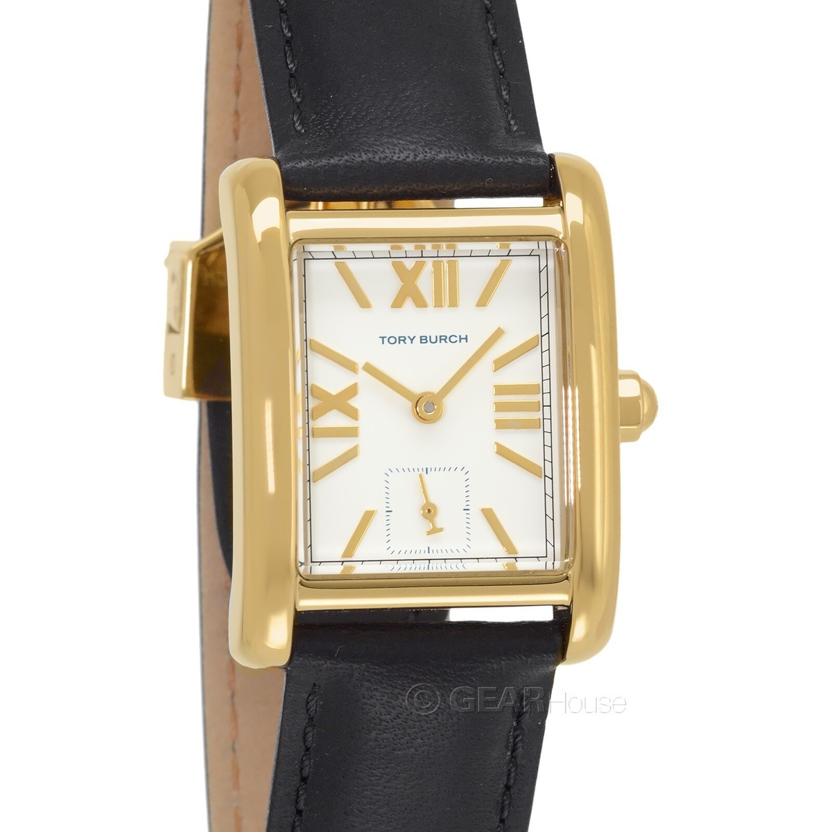 Tory Burch Eleanor Womens Gold Watch, White Dial, Black Leather