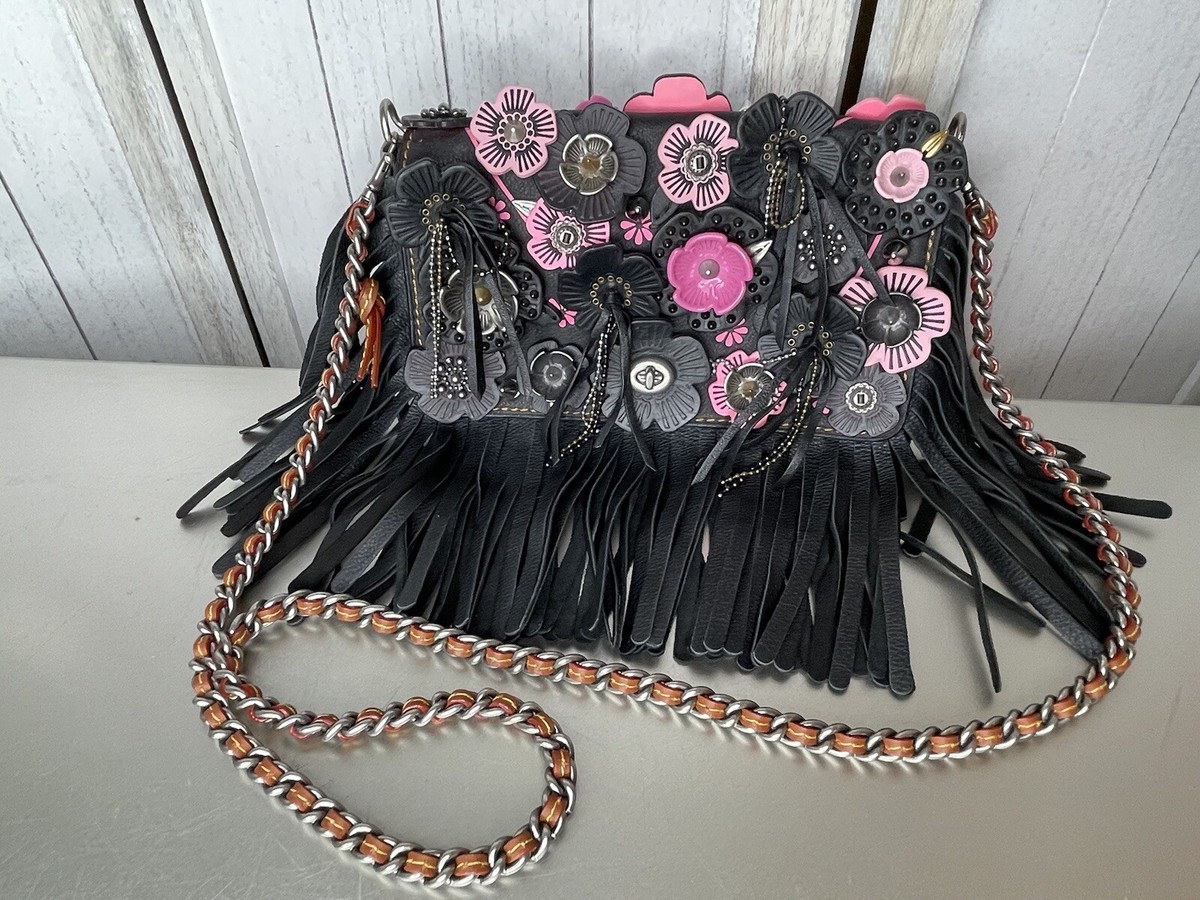Coach Tea Rose Fringe Dinky Shoulder Bag Limited Edition Black