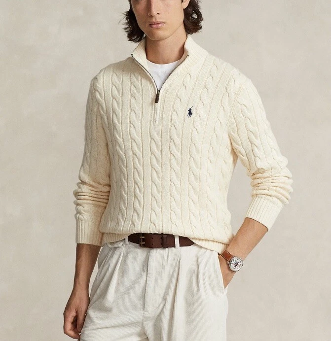 $148 Polo Ralph Lauren Men's Cable-Knit Cotton Quarter-Zip Sweater