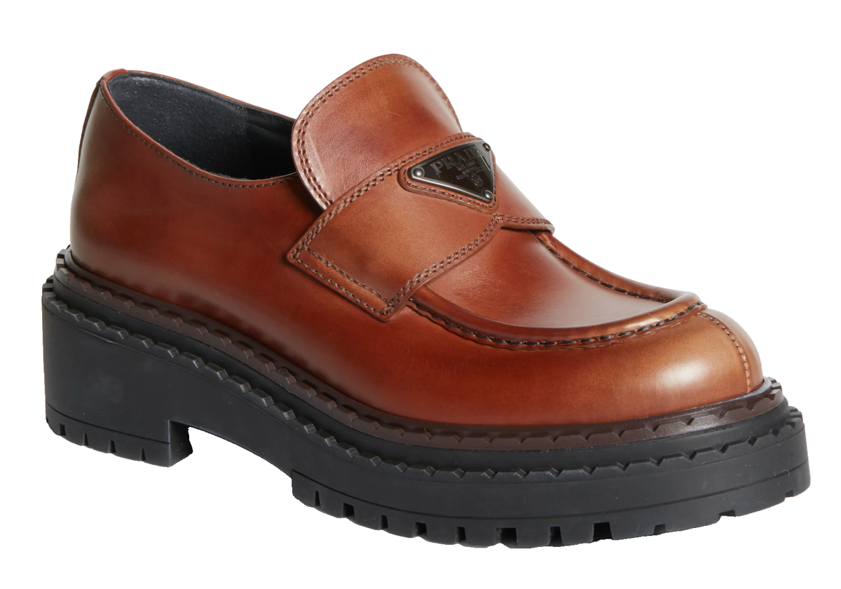 Prada Double Chocolate Cognac Brown Leather Platform Loafer