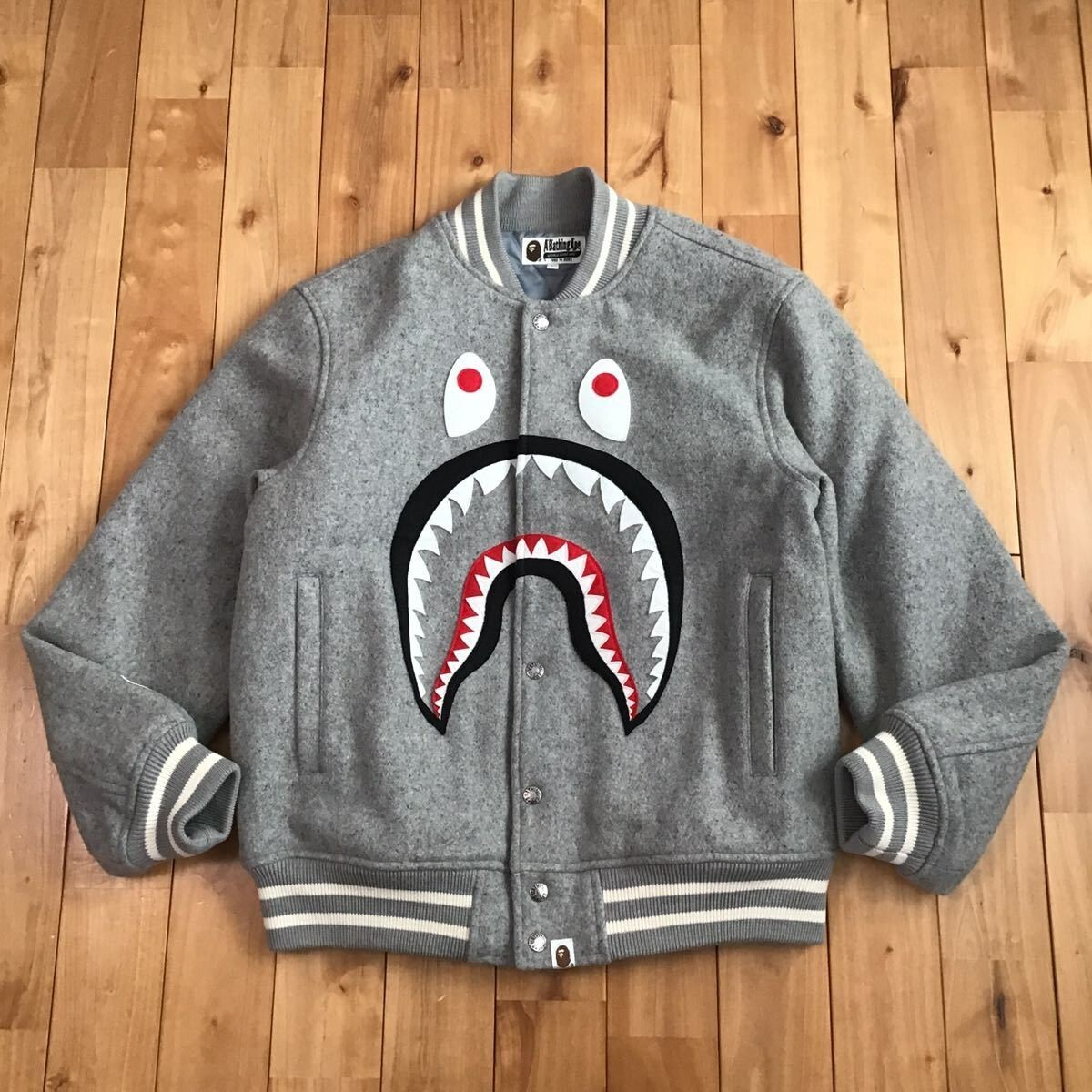 BAPE Melton Shark Varsity Jacket Gray A Bathing Ape Size L | eBay