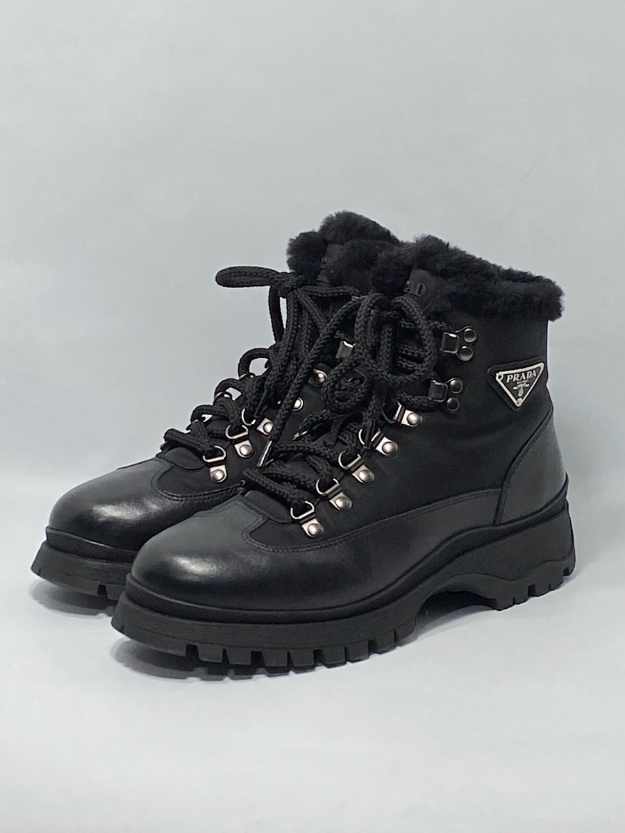 $1650 Prada Brixxen 38 Shearling-Lined Leather & Nylon Hiking