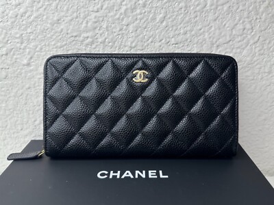 NWT 23P Chanel Classic Long Zipped Wallet Black Caviar with Gold