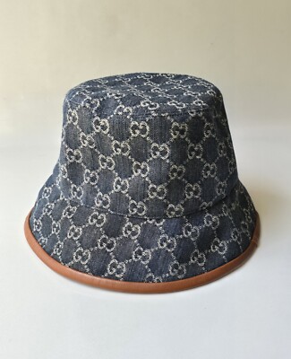 Gucci Bucket Hat Blue Denim Beige GG Monogram Logo Leather Trim Sz