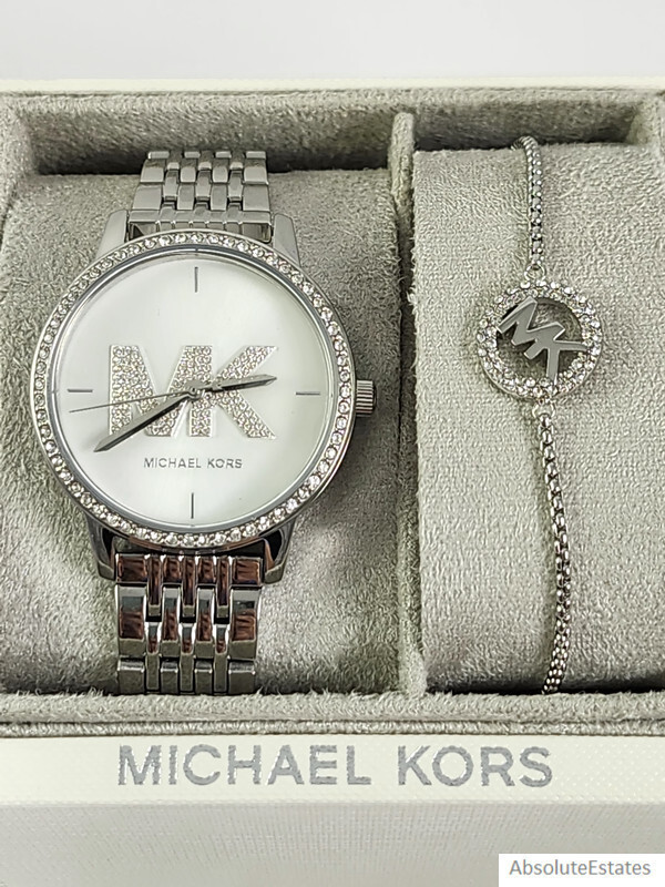 NEW Michael Kors Melissa Silver Crystal Watch Logo Bracelet Set