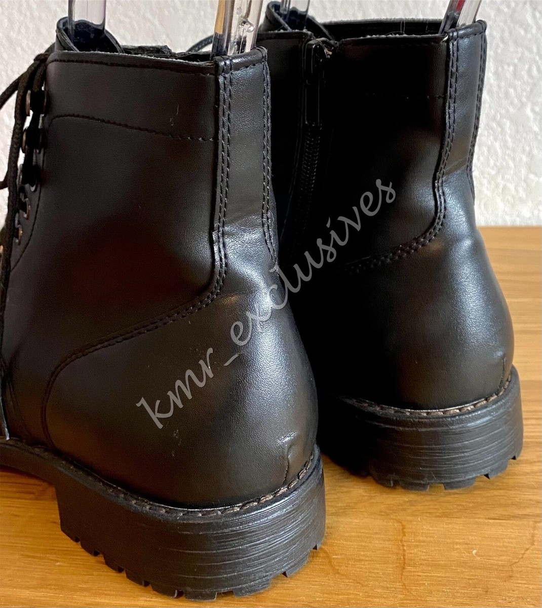 NEW Zara Man Lace Up, Side Zip Combat Boots in Black Leather US