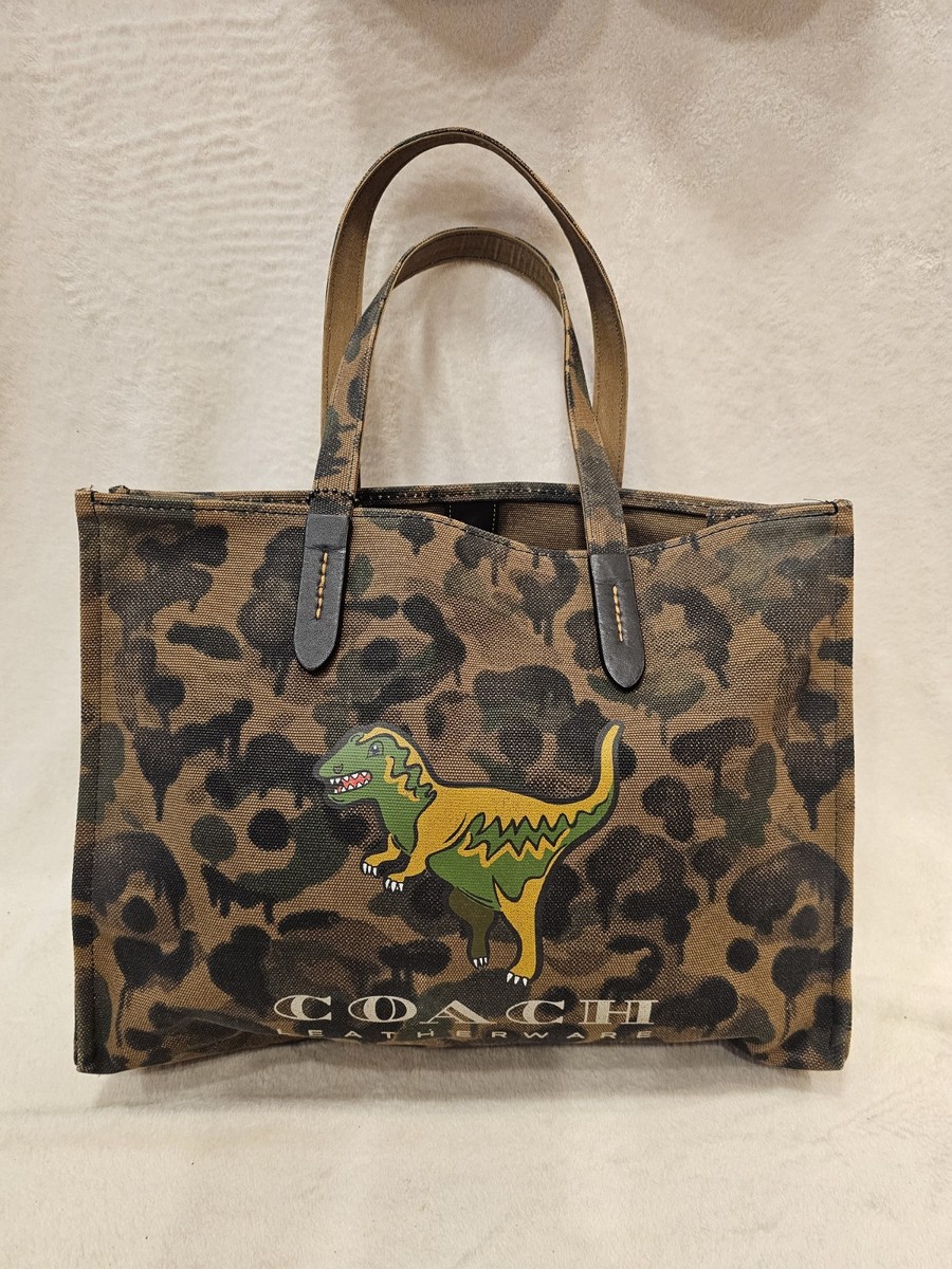 COACH REXY BROWN/MULTI CAMOUFLAGE CAMO DINOSAUR CANVAS TOTE 42