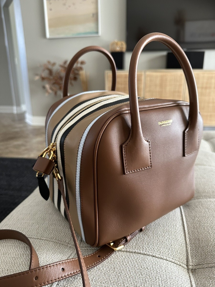 NWT Burberry Malt Brown/Pale blue Small Stripe Intarsia Leather